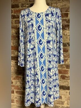 Lilly Pulitzer Elephant Appeal Lattice Back Shift Dress-Blue/White-Size M